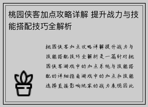 桃园侠客加点攻略详解 提升战力与技能搭配技巧全解析